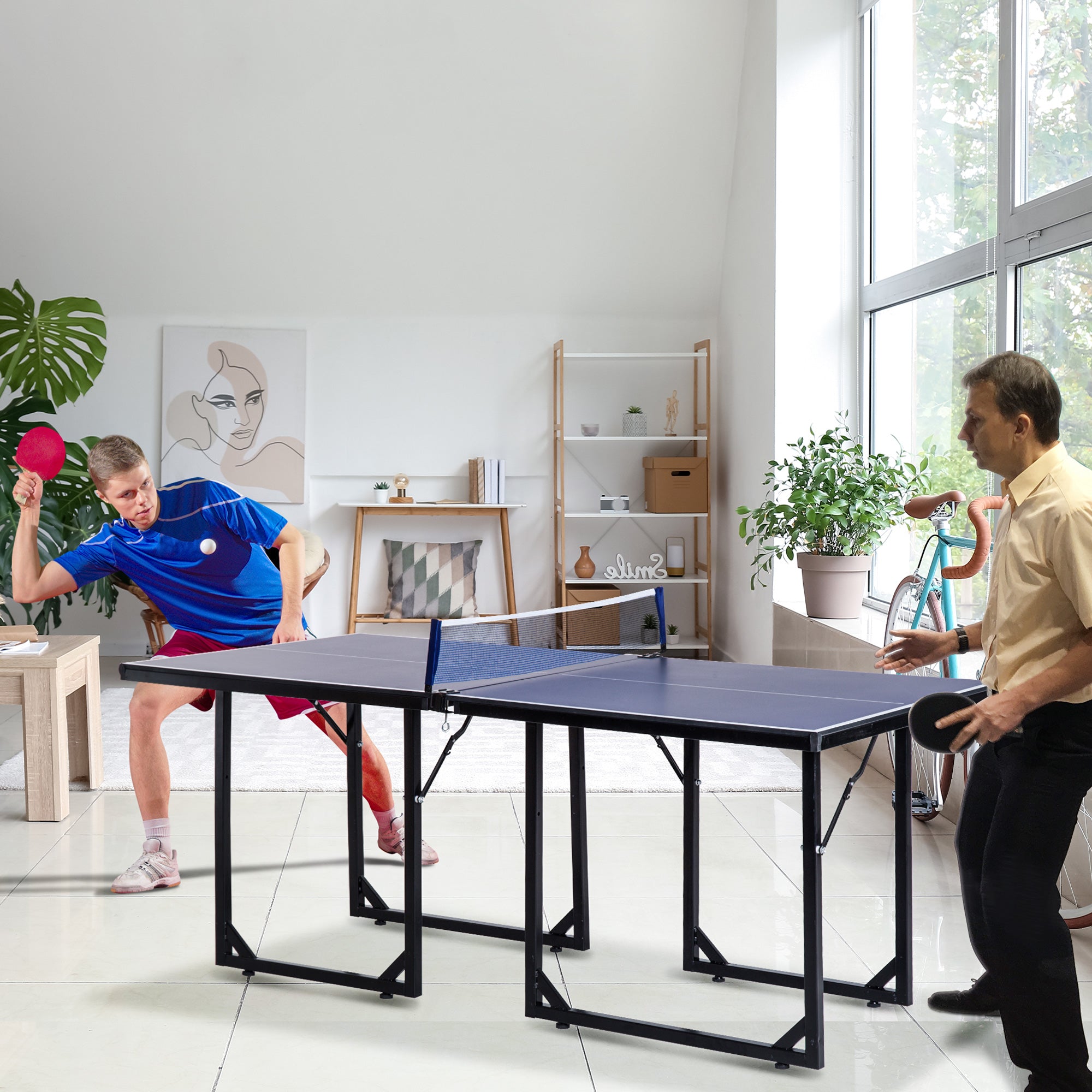 Table Tennis Table, Ping Pong Table with Net, Convertible into 2 Tables, Medium Size, Foldable Legs, 182 x 91 x 76 cm Blue
