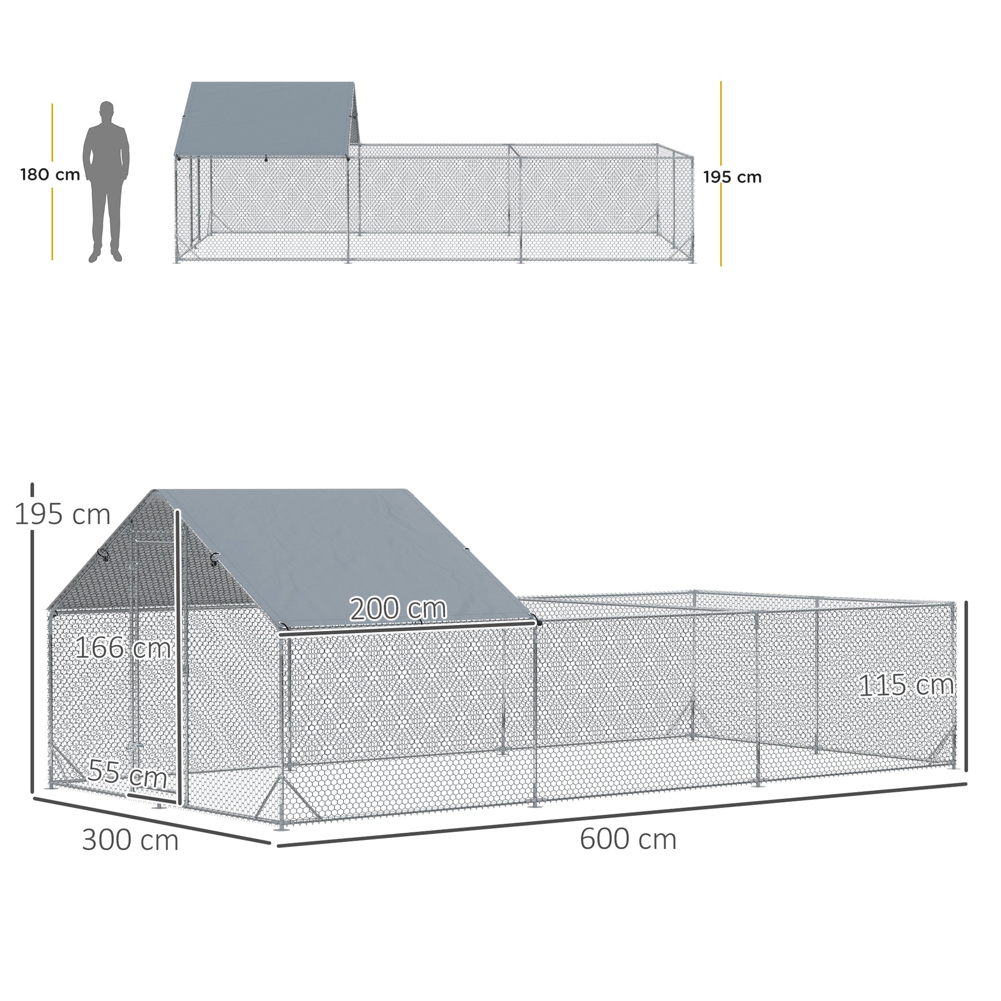 Outdoor Chicken Coop Enclosed Pen 18 m² - Aviary Kennel 6 x 3 x 1.95 m - Covered Space - Galvanized Steel