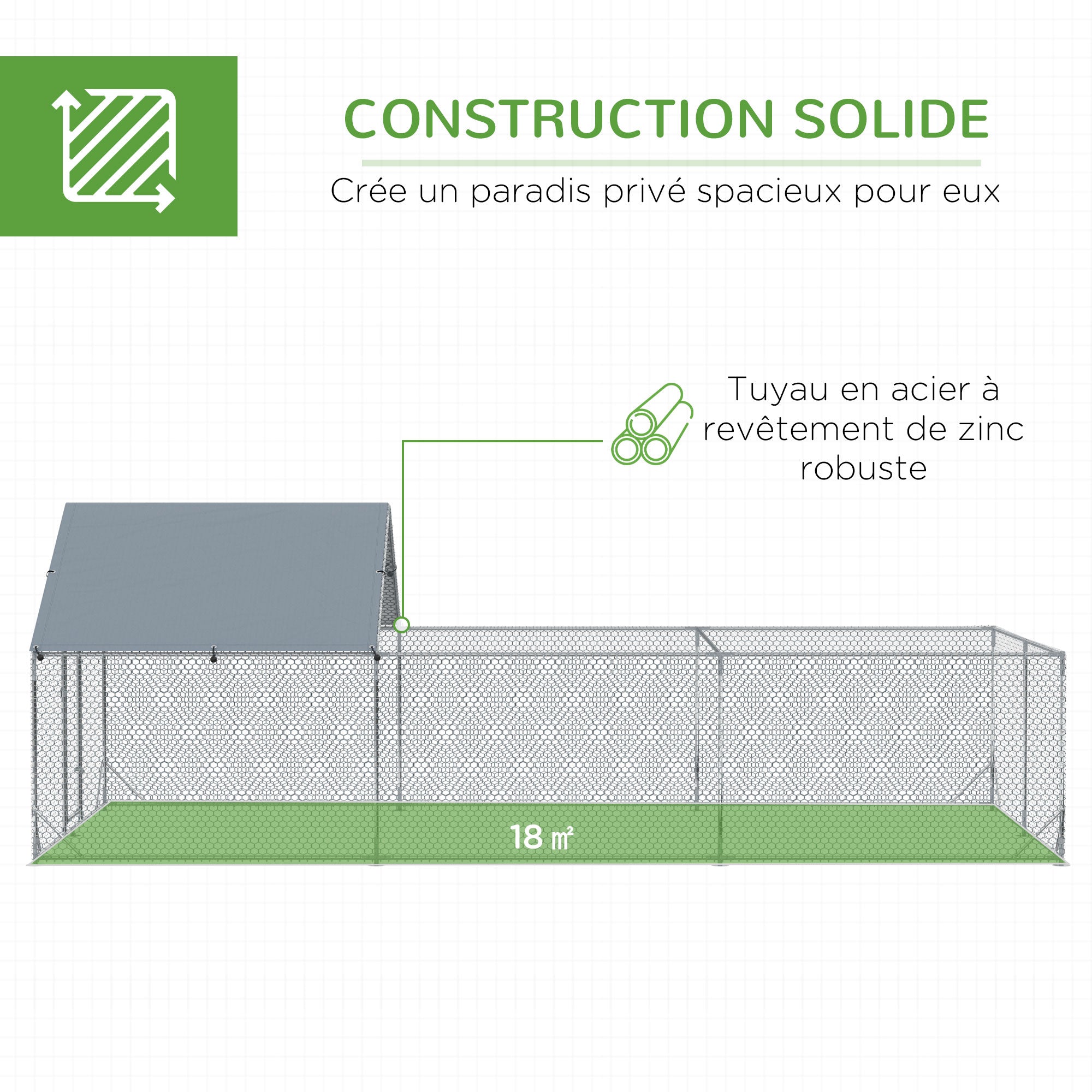 Outdoor Chicken Coop Enclosed Pen 18 m² - Aviary Kennel 6 x 3 x 1.95 m - Covered Space - Galvanized Steel
