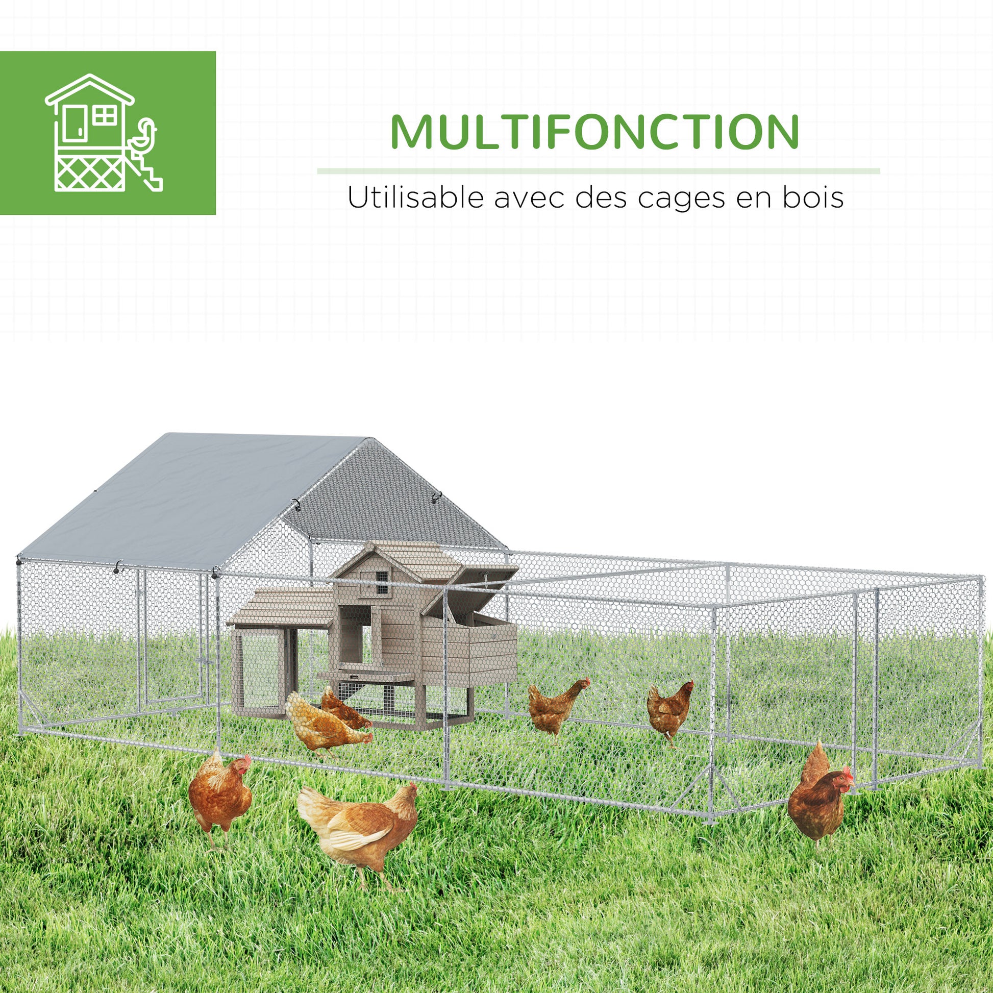 Outdoor Chicken Coop Enclosed Pen 18 m² - Aviary Kennel 6 x 3 x 1.95 m - Covered Space - Galvanized Steel
