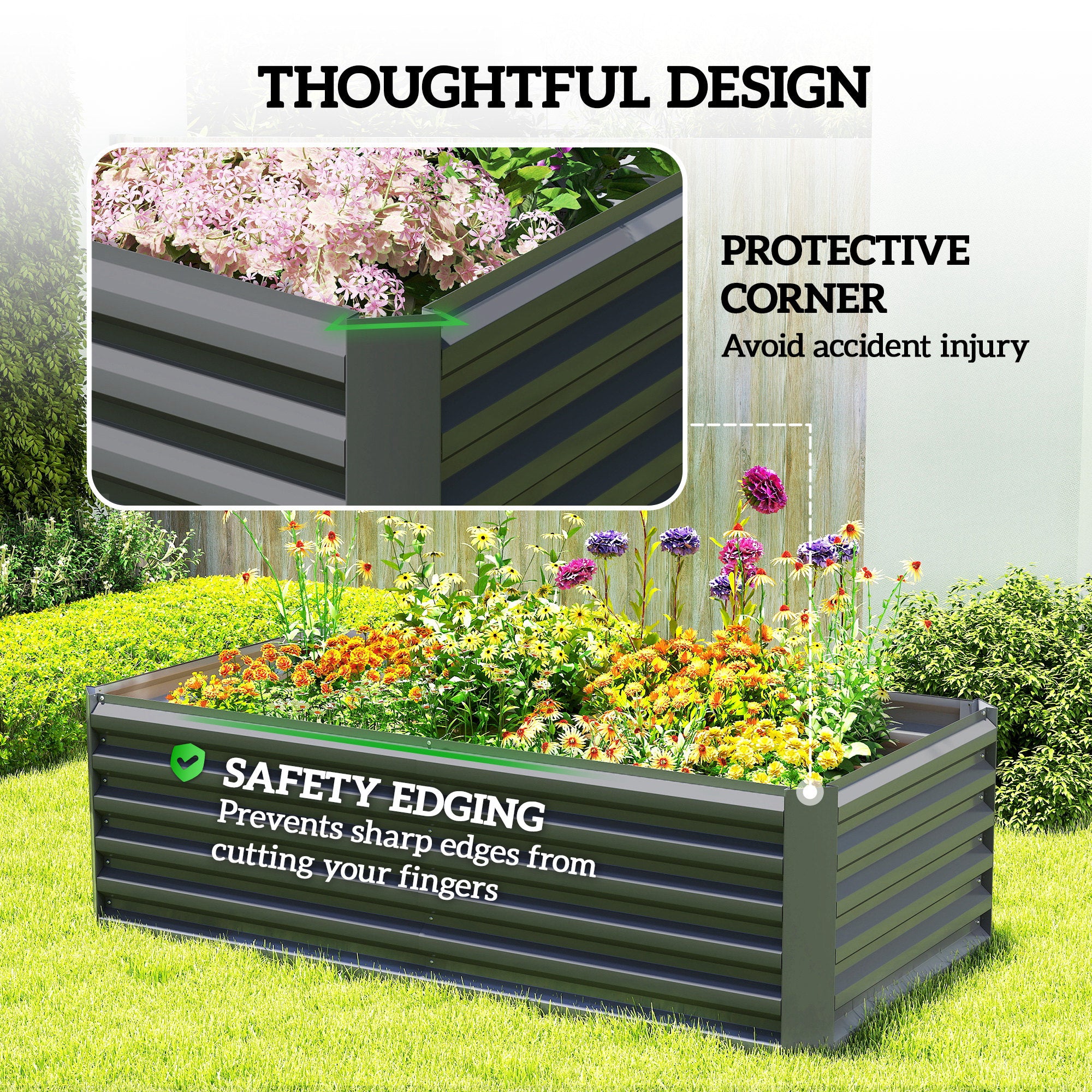 Galvanized Steel Raised Garden Bed 71 x 35.4 x 22.6 in — Deep Planter with Support Rods & Open Bottom, Weatherproof Herb and Vegetable Planter for Garden & Balcony, Dark Gray