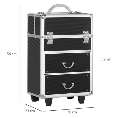 Professional Makeup Case Cosmetic Organizer Trolley with Wheels Makeup Suitcase with 6 Extendable Drawers Lock 2 Keys and Retractable Handle 36x23x58 cm Black