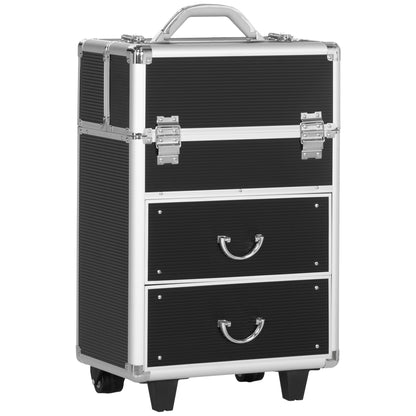 Professional Makeup Case Cosmetic Organizer Trolley with Wheels Makeup Suitcase with 6 Extendable Drawers Lock 2 Keys and Retractable Handle 36x23x58 cm Black