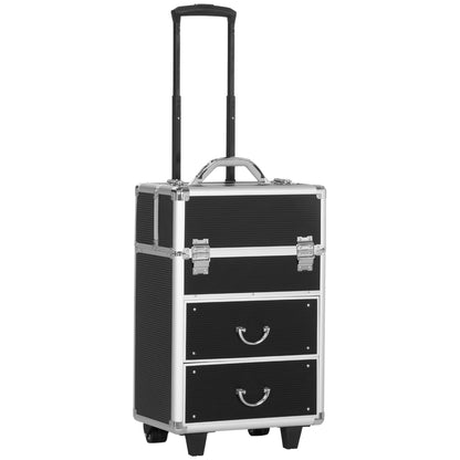 Professional Makeup Case Cosmetic Organizer Trolley with Wheels Makeup Suitcase with 6 Extendable Drawers Lock 2 Keys and Retractable Handle 36x23x58 cm Black