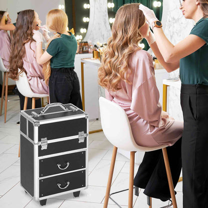 Professional Makeup Case Cosmetic Organizer Trolley with Wheels Makeup Suitcase with 6 Extendable Drawers Lock 2 Keys and Retractable Handle 36x23x58 cm Black