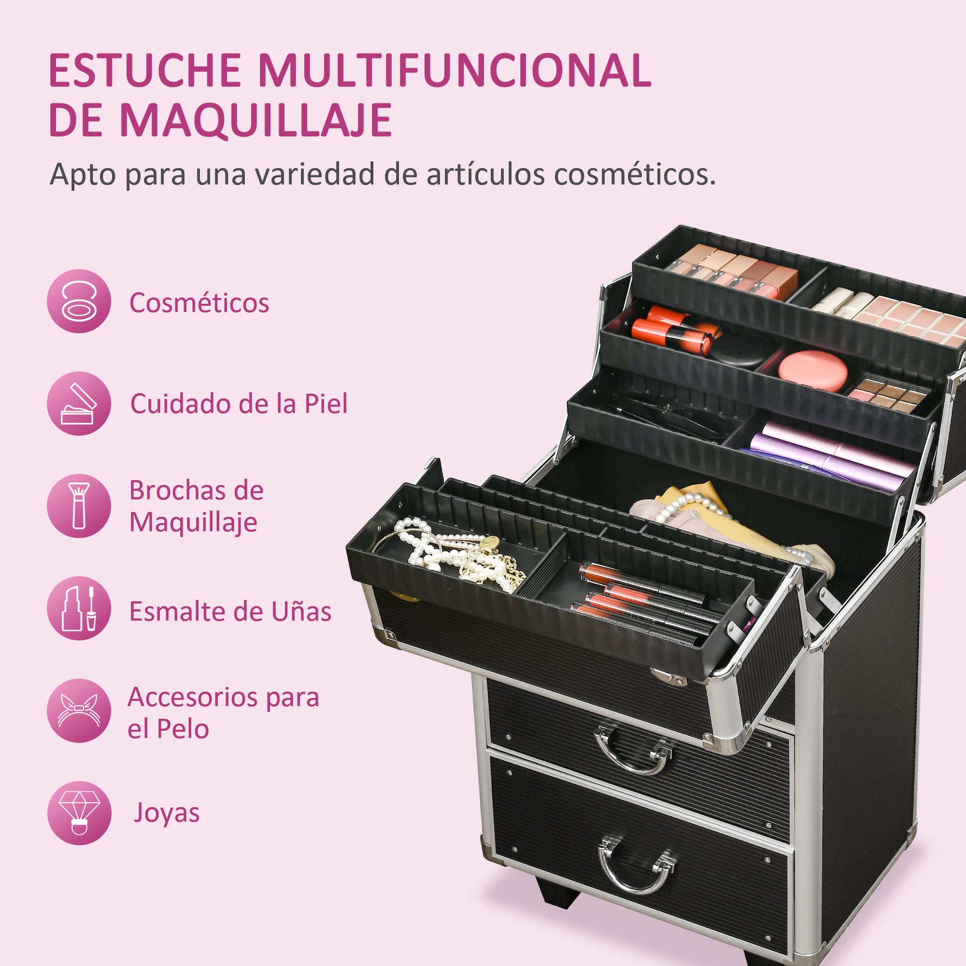 Professional Makeup Case Cosmetic Organizer Trolley with Wheels Makeup Suitcase with 6 Extendable Drawers Lock 2 Keys and Retractable Handle 36x23x58 cm Black