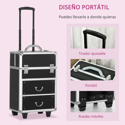 Professional Makeup Case Cosmetic Organizer Trolley with Wheels Makeup Suitcase with 6 Extendable Drawers Lock 2 Keys and Retractable Handle 36x23x58 cm Black