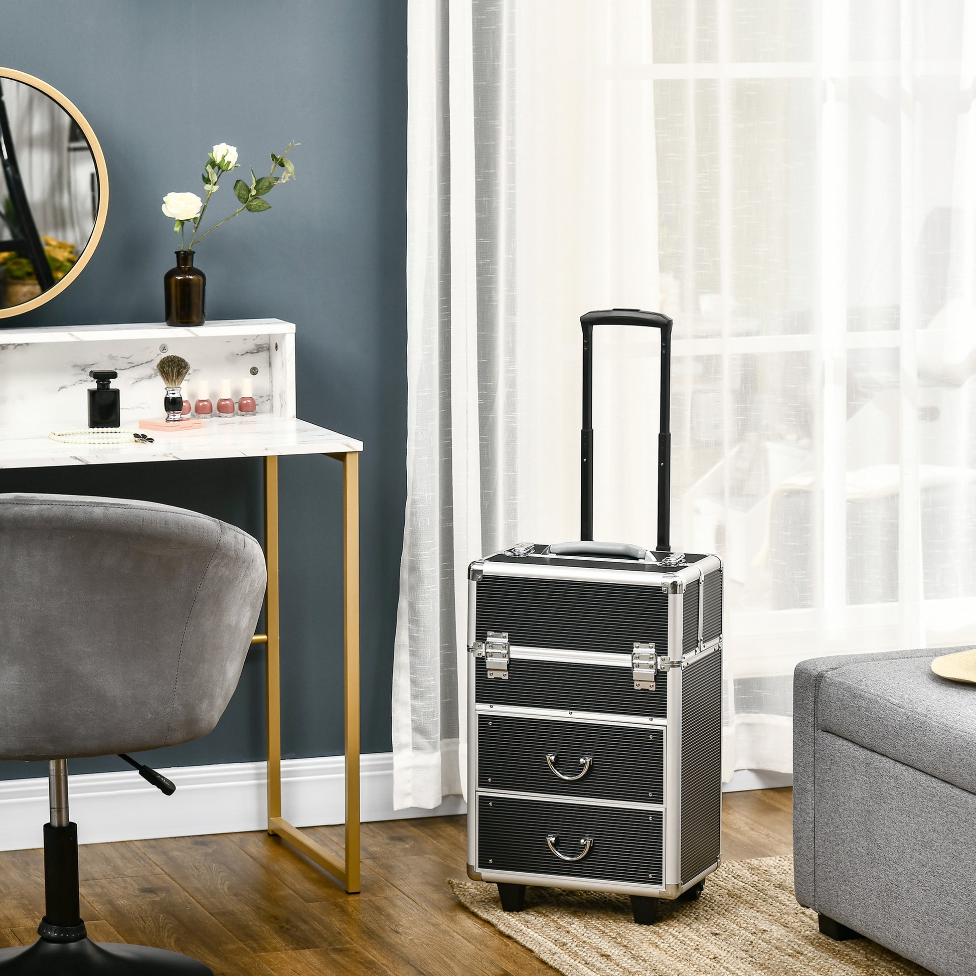 Professional Makeup Case Cosmetic Organizer Trolley with Wheels Makeup Suitcase with 6 Extendable Drawers Lock 2 Keys and Retractable Handle 36x23x58 cm Black
