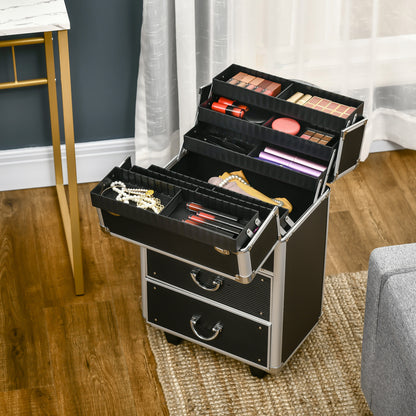 Professional Makeup Case Cosmetic Organizer Trolley with Wheels Makeup Suitcase with 6 Extendable Drawers Lock 2 Keys and Retractable Handle 36x23x58 cm Black