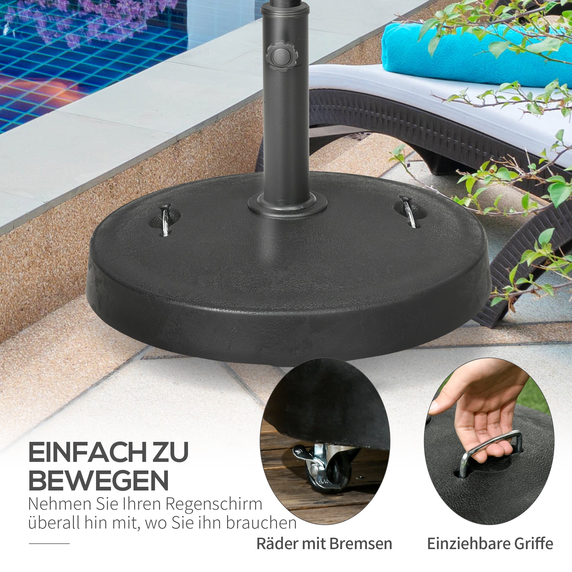 Umbrella Stand 23.5 kg Umbrella Holder with Wheels Umbrella Base for Ø38/48 mm Pole, for Garden, Balcony, Black