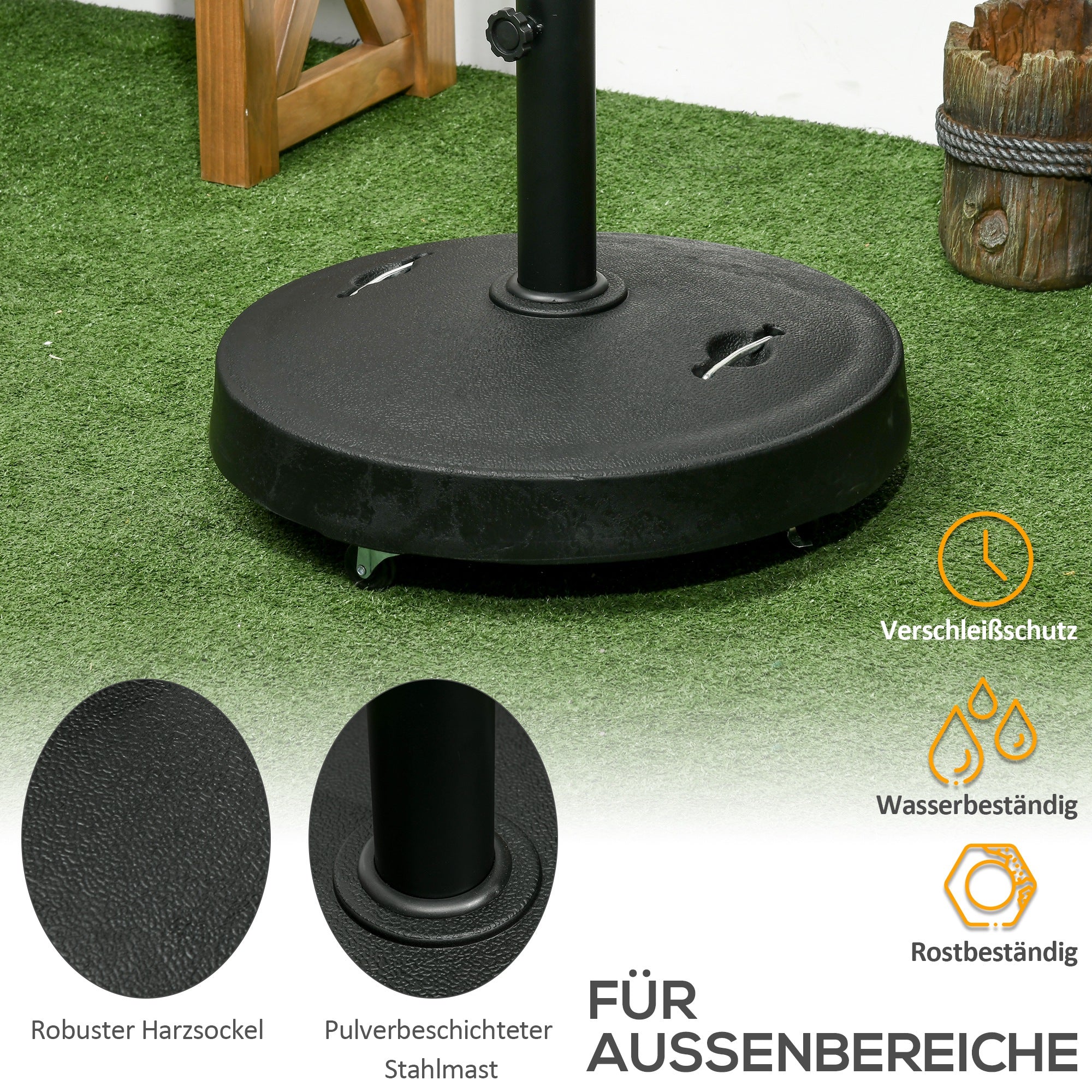 Umbrella Stand 23.5 kg Umbrella Holder with Wheels Umbrella Base for Ø38/48 mm Pole, for Garden, Balcony, Black