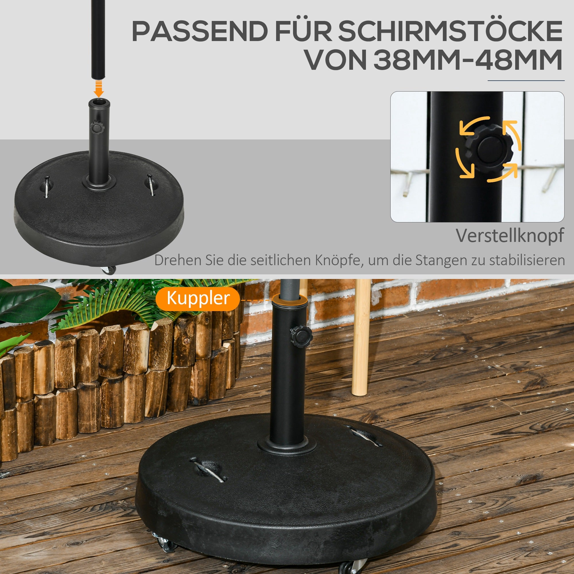 Umbrella Stand 23.5 kg Umbrella Holder with Wheels Umbrella Base for Ø38/48 mm Pole, for Garden, Balcony, Black