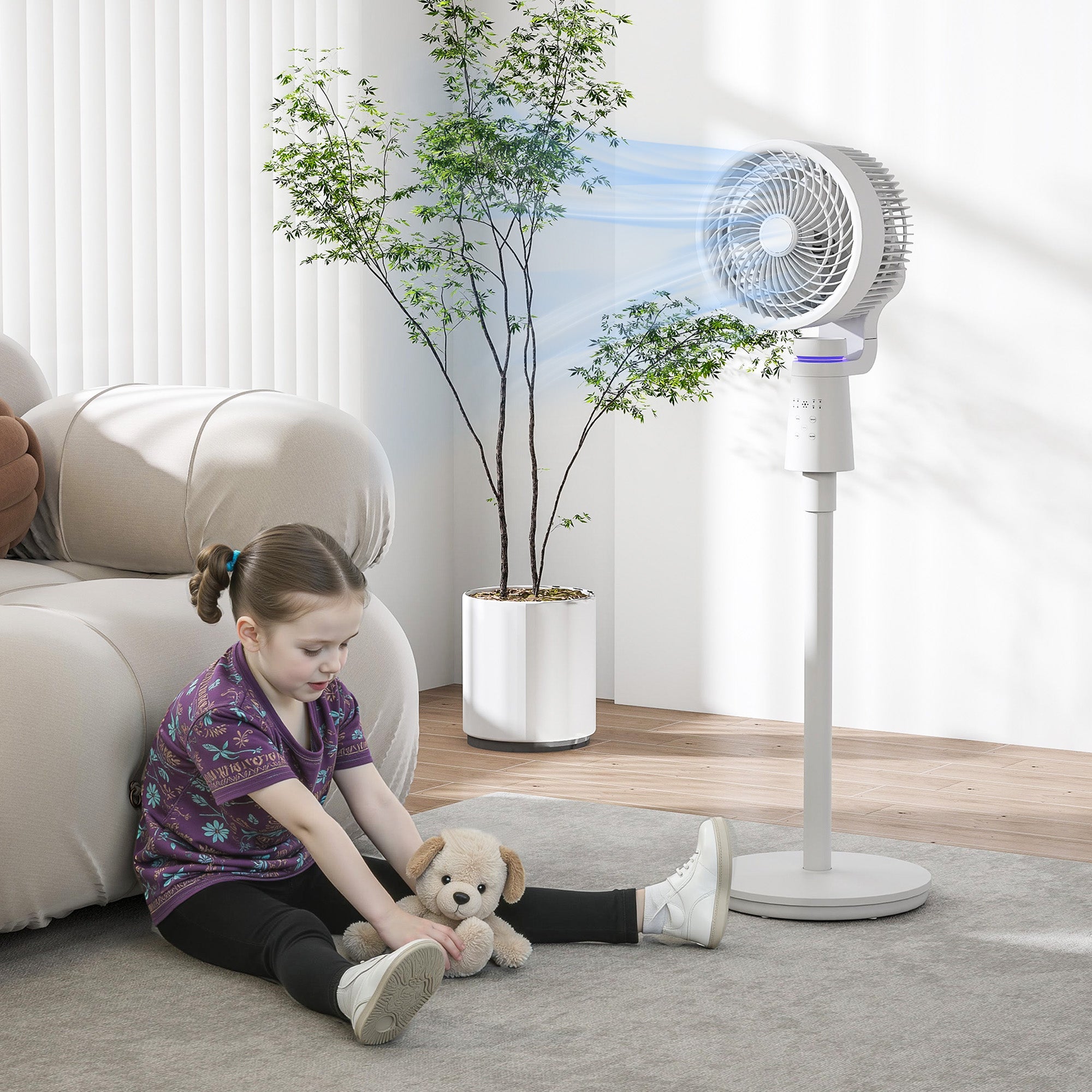 40 W Floor Fan Portable and Lightweight Air Circulator Fan, Adjustable 70°+90° Oscillation, Remote Control, 7H Timer, 3 Speeds, for Bedroom, Home or Office, White