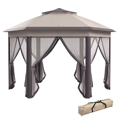 Pavilion 4x4m Waterproof Pop-up Hexagonal Foldable Pavilion, Double Roof, Garden Pavilion with 6 Side Panels, Party Tent incl. Carrying Bag, for Garden, Terrace, Festival, Coffee+Beige
