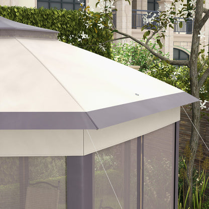 Pavilion 4x4m Waterproof Pop-up Hexagonal Foldable Pavilion, Double Roof, Garden Pavilion with 6 Side Panels, Party Tent incl. Carrying Bag, for Garden, Terrace, Festival, Coffee+Beige