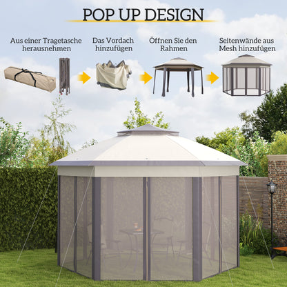 Pavilion 4x4m Waterproof Pop-up Hexagonal Foldable Pavilion, Double Roof, Garden Pavilion with 6 Side Panels, Party Tent incl. Carrying Bag, for Garden, Terrace, Festival, Coffee+Beige