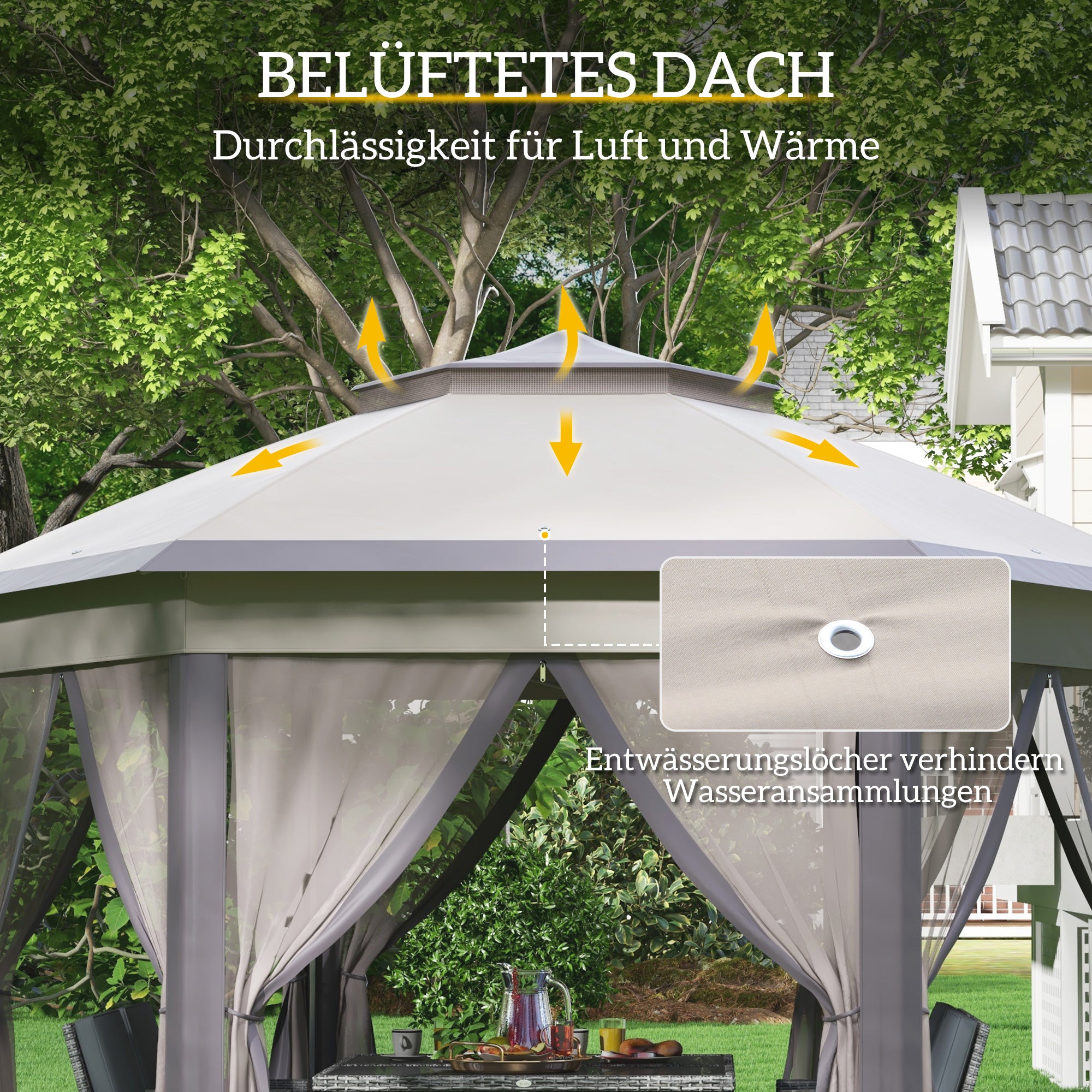 Pavilion 4x4m Waterproof Pop-up Hexagonal Foldable Pavilion, Double Roof, Garden Pavilion with 6 Side Panels, Party Tent incl. Carrying Bag, for Garden, Terrace, Festival, Coffee+Beige