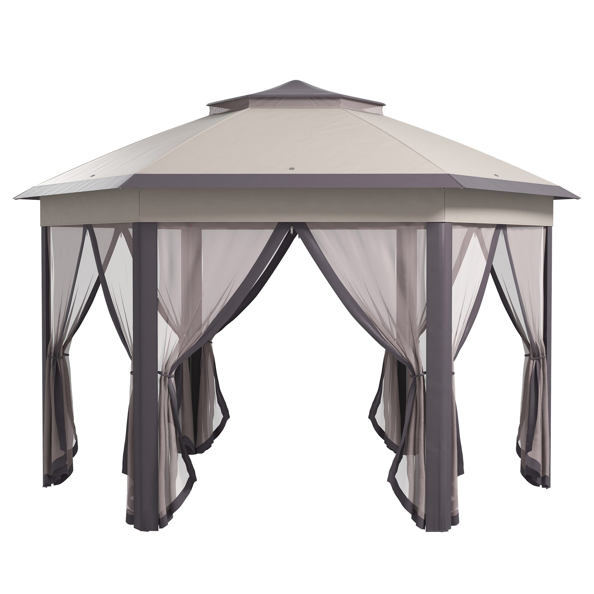 Pavilion 4x4m Waterproof Pop-up Hexagonal Foldable Pavilion, Double Roof, Garden Pavilion with 6 Side Panels, Party Tent incl. Carrying Bag, for Garden, Terrace, Festival, Coffee+Beige
