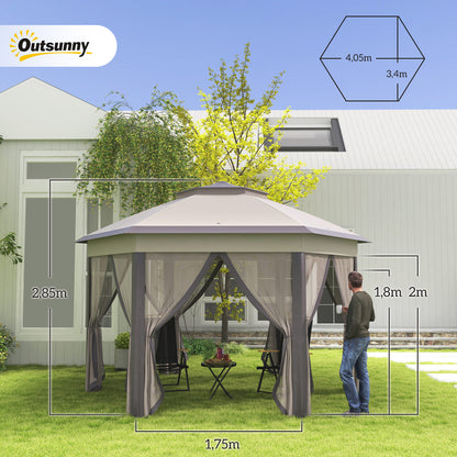 Pavilion 4x4m Waterproof Pop-up Hexagonal Foldable Pavilion, Double Roof, Garden Pavilion with 6 Side Panels, Party Tent incl. Carrying Bag, for Garden, Terrace, Festival, Coffee+Beige