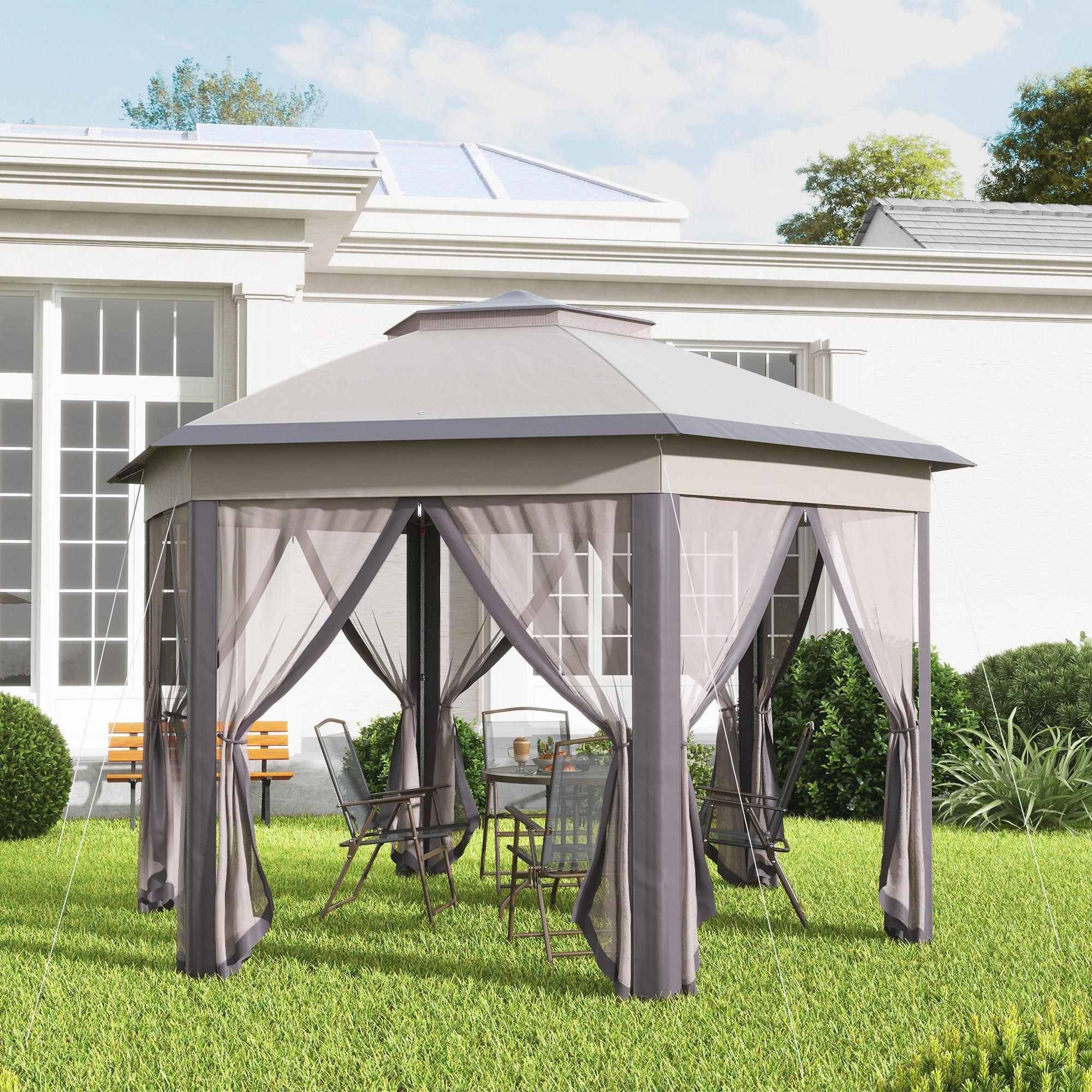 Pavilion 4x4m Waterproof Pop-up Hexagonal Foldable Pavilion, Double Roof, Garden Pavilion with 6 Side Panels, Party Tent incl. Carrying Bag, for Garden, Terrace, Festival, Coffee+Beige
