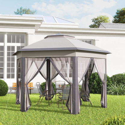 Pavilion 4x4m Waterproof Pop-up Hexagonal Foldable Pavilion, Double Roof, Garden Pavilion with 6 Side Panels, Party Tent incl. Carrying Bag, for Garden, Terrace, Festival, Coffee+Beige
