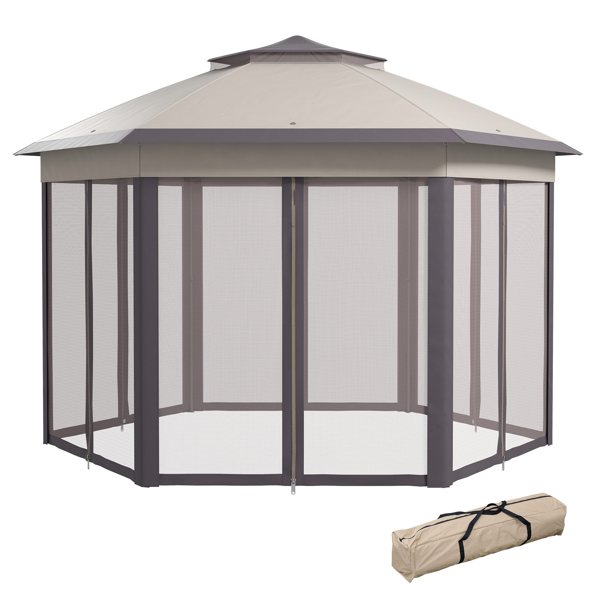 Pavilion 4x4m Waterproof Pop-up Hexagonal Foldable Pavilion, Double Roof, Garden Pavilion with 6 Side Panels, Party Tent incl. Carrying Bag, for Garden, Terrace, Festival, Coffee+Beige