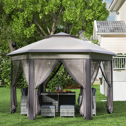 Pavilion 4x4m Waterproof Pop-up Hexagonal Foldable Pavilion, Double Roof, Garden Pavilion with 6 Side Panels, Party Tent incl. Carrying Bag, for Garden, Terrace, Festival, Coffee+Beige