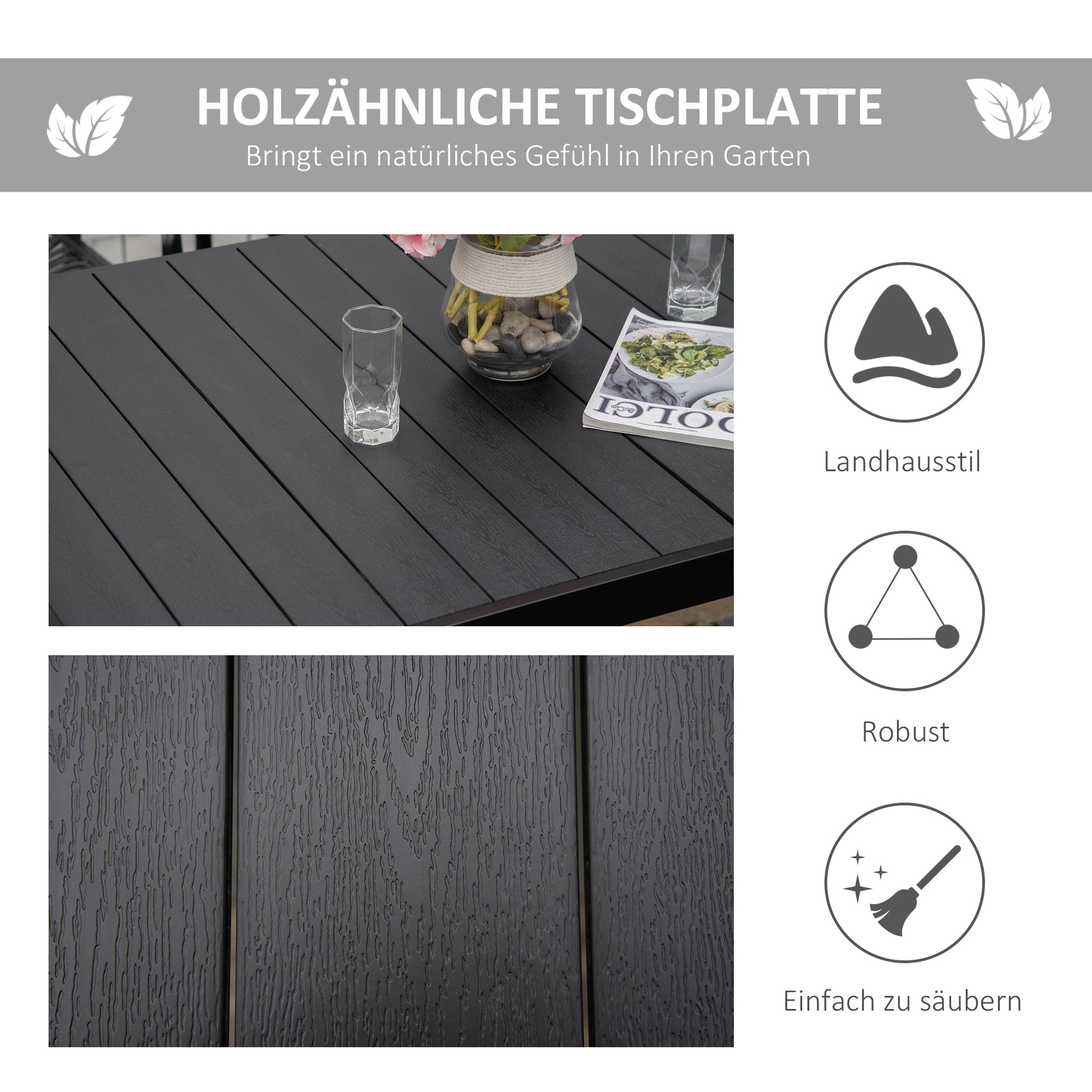 Garden Table for 6 People Dining Table Aluminum Table Garden Furniture Lounge Furniture Easy-Clean Plastic Black 140 x 90 x 74 cm