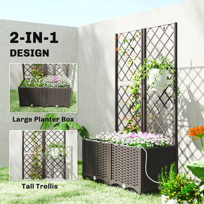 Set of 2 Trellises with Planter Box — Drainage Hole & Water Timer Irrigation System, 31.5 x 15.7 x 53.5 in Raised Planter with Trellis for Garden & Balcony, Brown