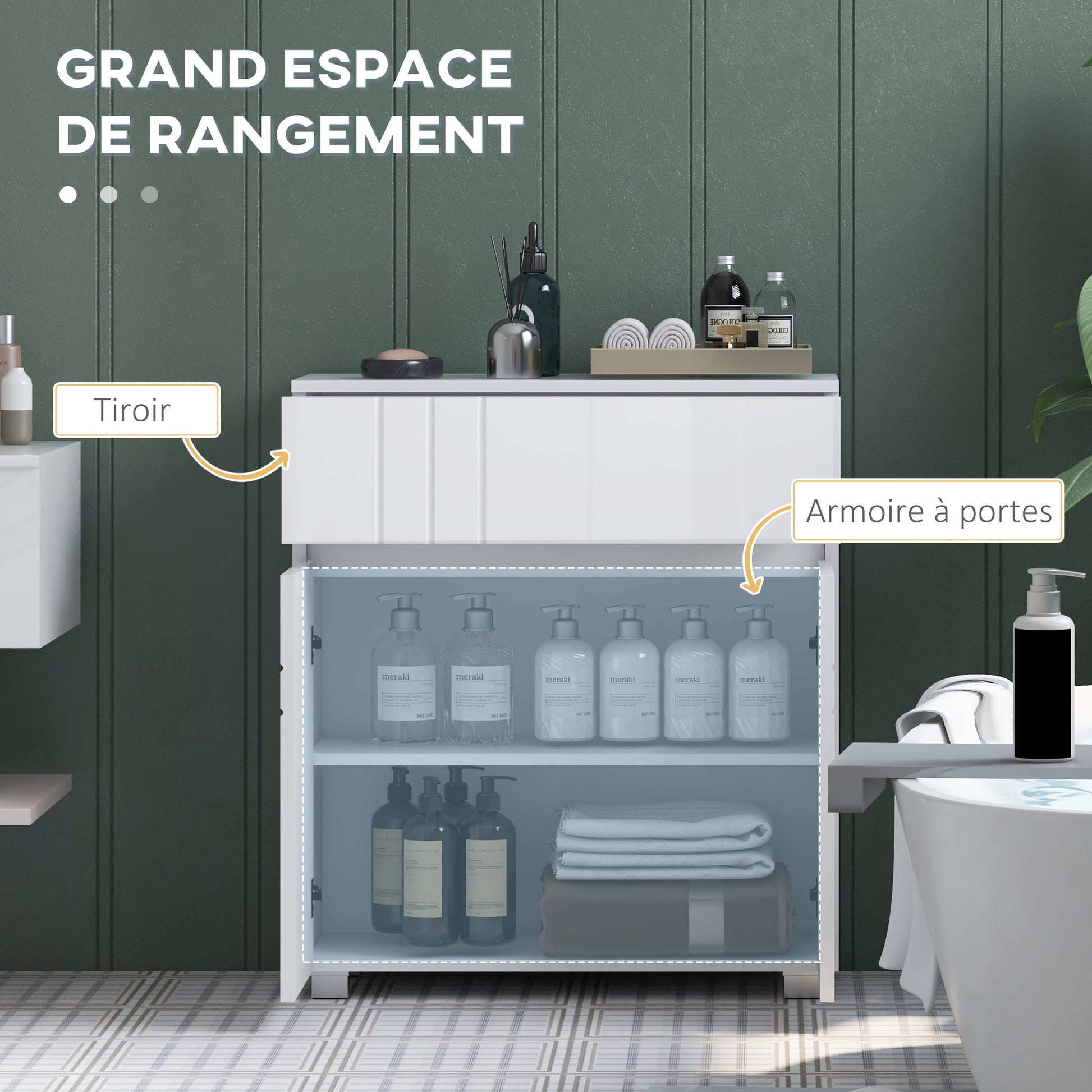 Freestanding Bathroom Storage Cabinet with 2 Doors 1 Drawer, Adjustable Shelf, Glossy White, 60W x 30D x 80H cm