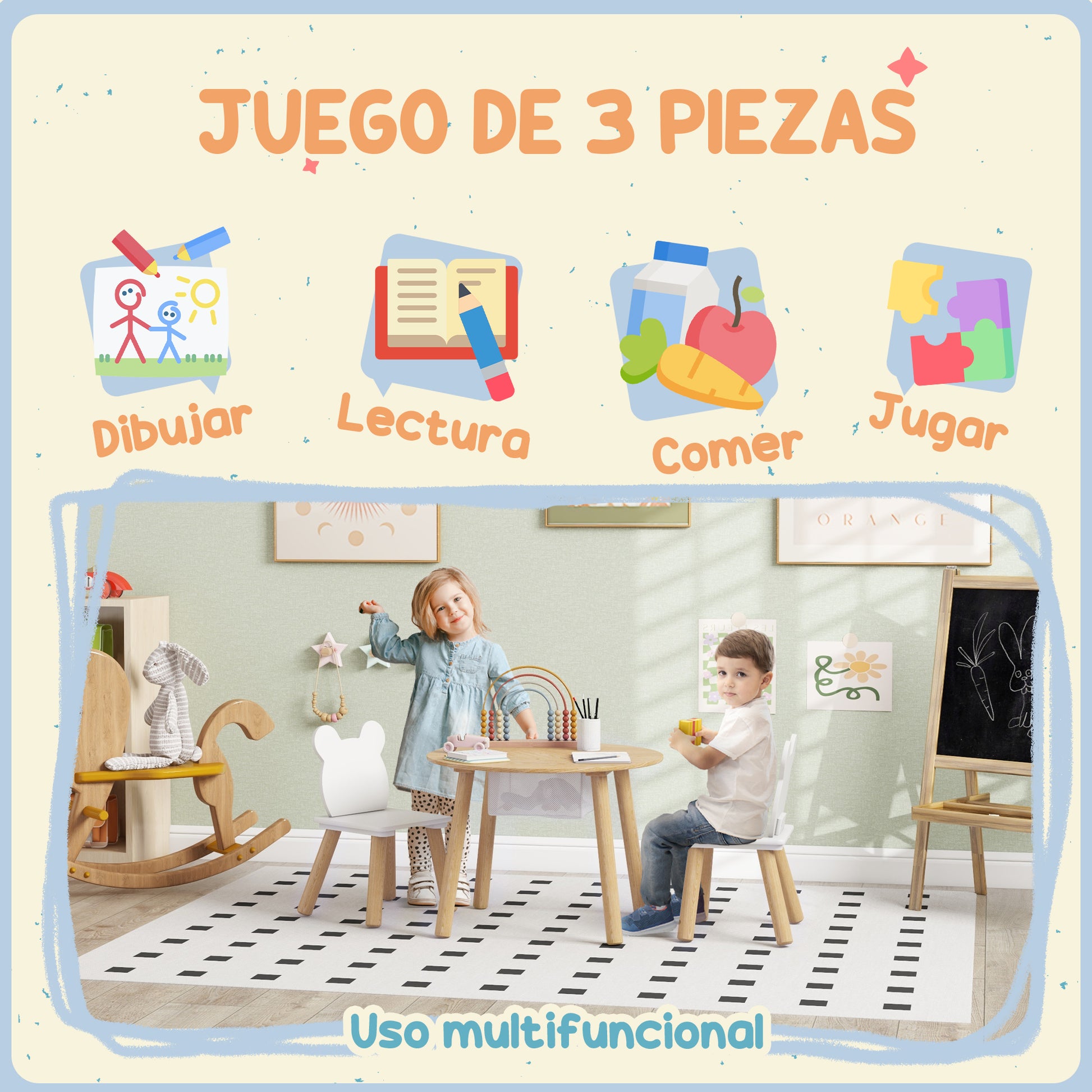 3-Piece Kids Table and Chairs Set Kids Table with 2 Chairs with Storage Space for 3-6-Year-Olds for Playroom Bedroom Nursery Natural