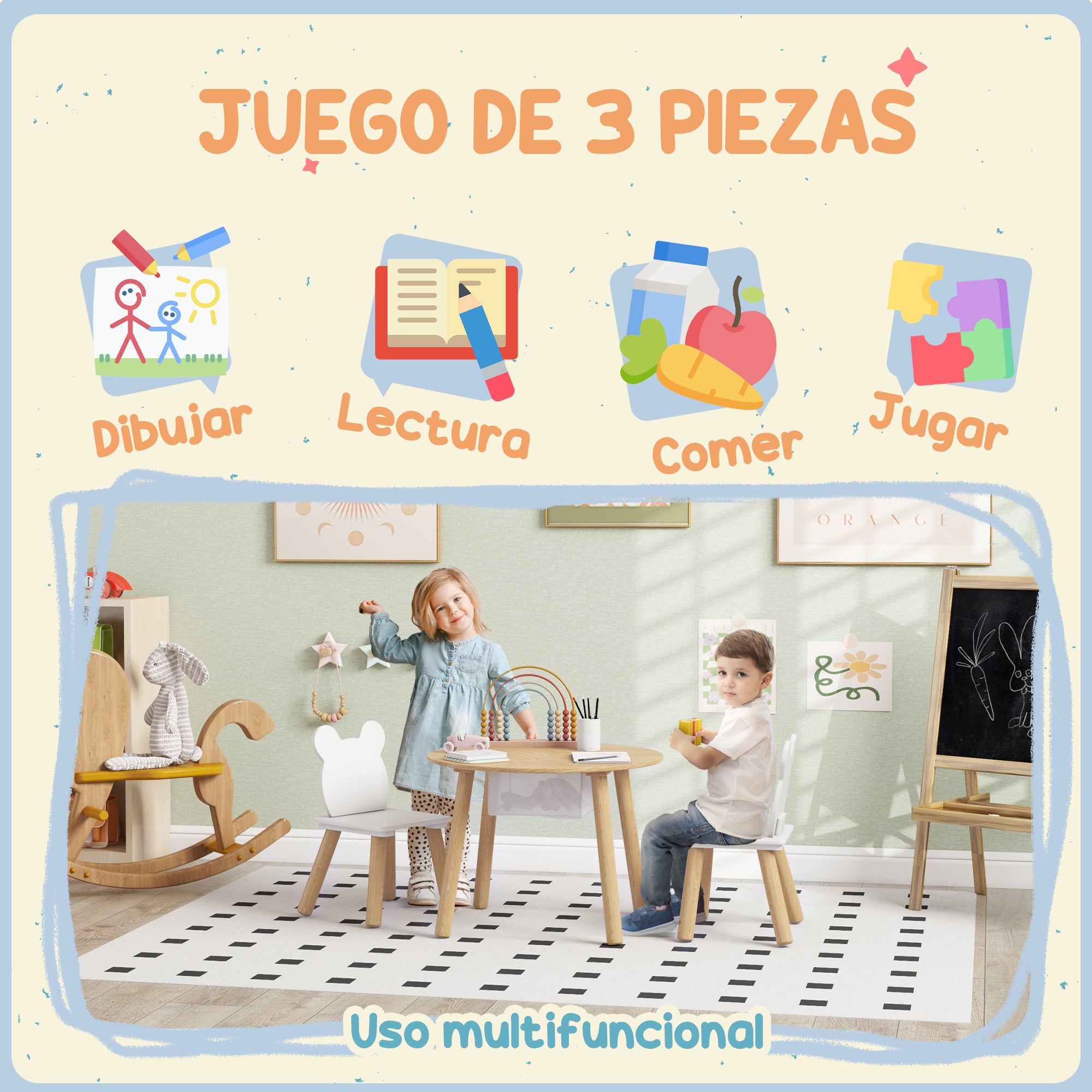 3-Piece Kids Table and Chairs Set Kids Table with 2 Chairs with Storage Space for 3-6-Year-Olds for Playroom Bedroom Nursery Natural