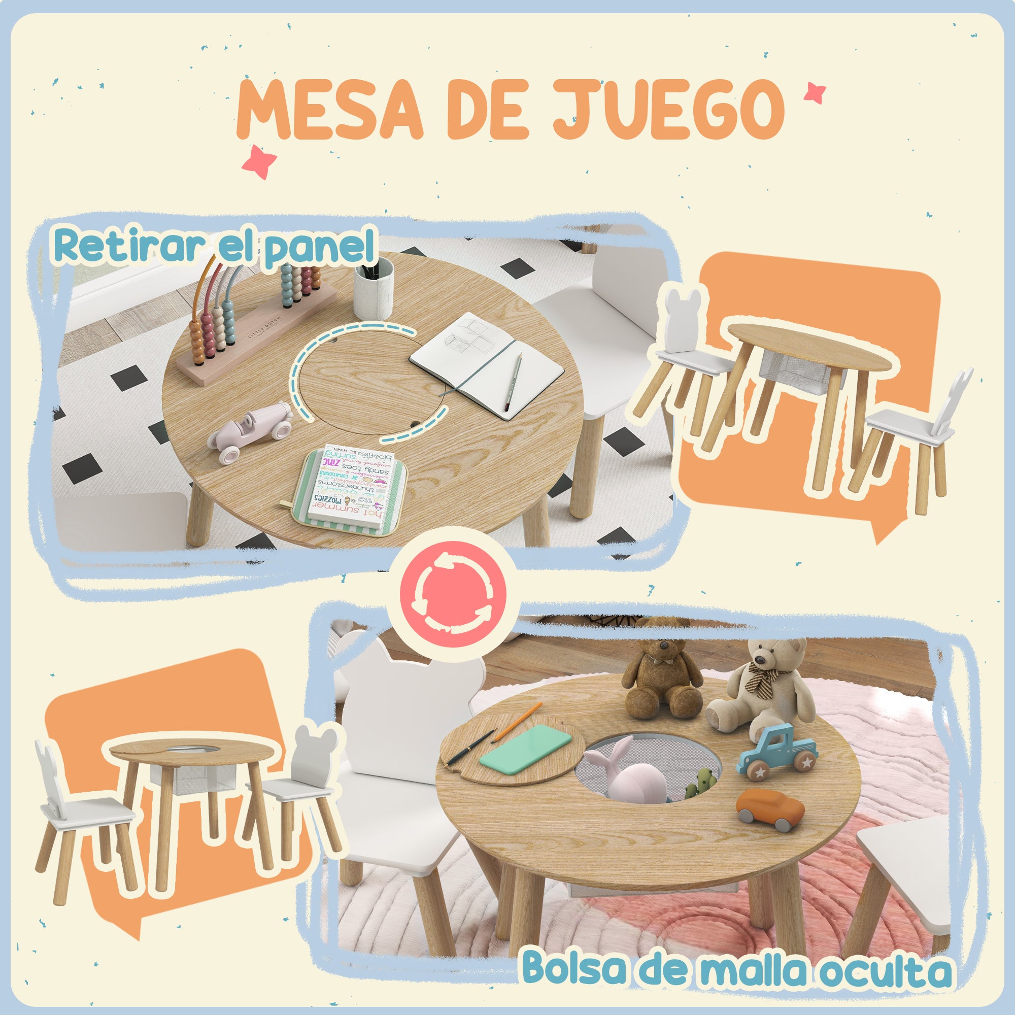 3-Piece Kids Table and Chairs Set Kids Table with 2 Chairs with Storage Space for 3-6-Year-Olds for Playroom Bedroom Nursery Natural