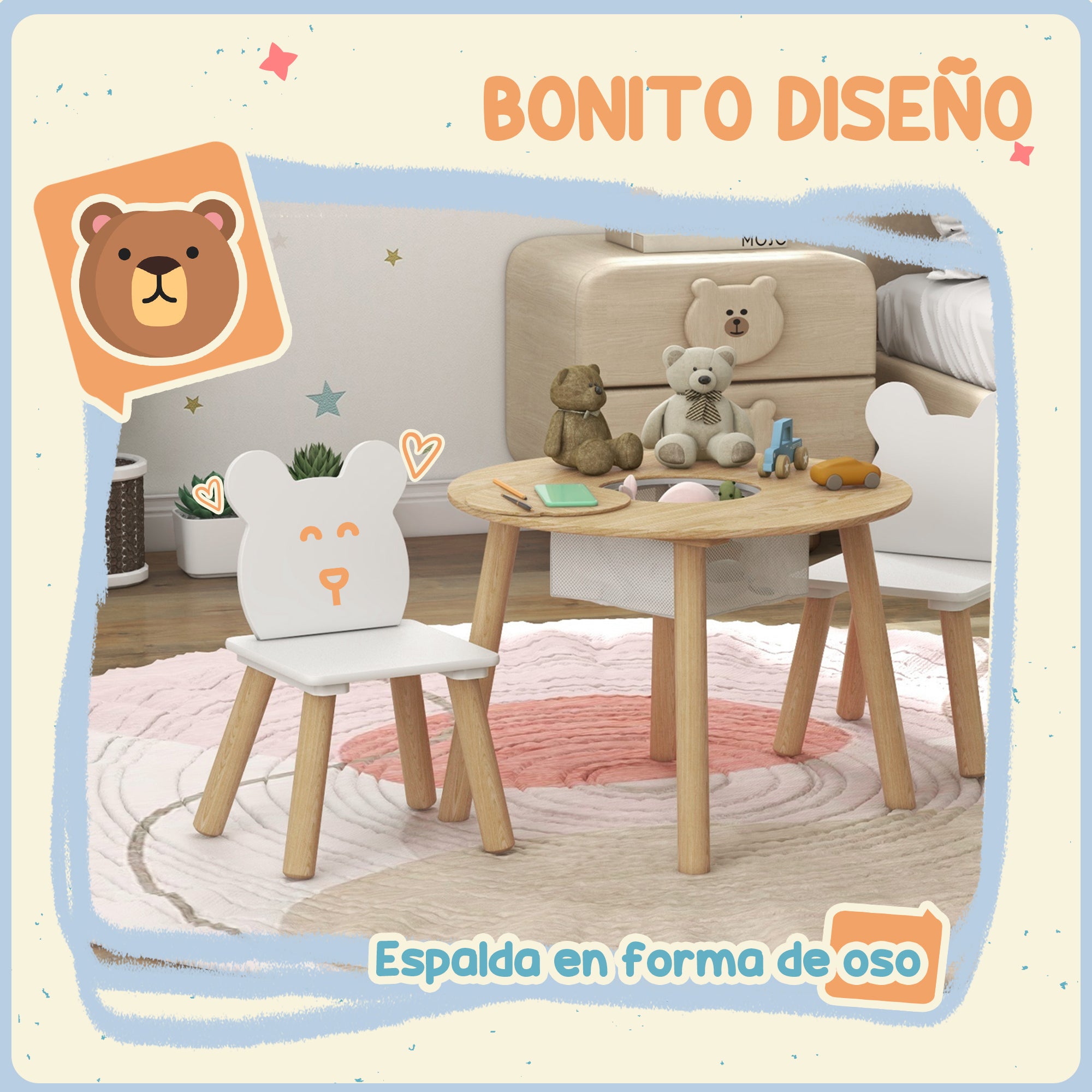 3-Piece Kids Table and Chairs Set Kids Table with 2 Chairs with Storage Space for 3-6-Year-Olds for Playroom Bedroom Nursery Natural