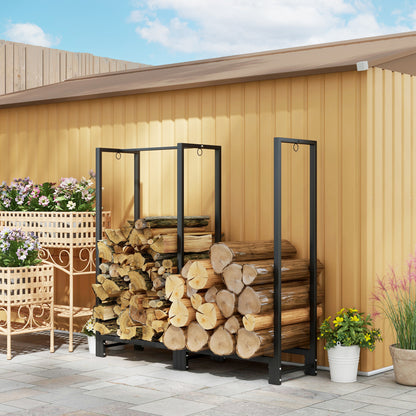 Outdoor 2-Section Log Holder, Fireplace Log Holder with 6 Legs and 3 Rings, 123x32x115 cm, Black