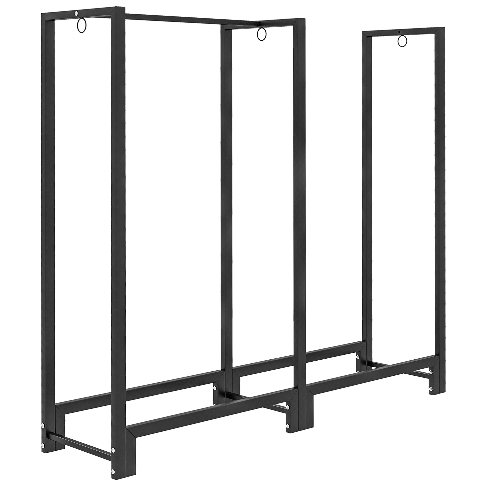 Outdoor 2-Section Log Holder, Fireplace Log Holder with 6 Legs and 3 Rings, 123x32x115 cm, Black
