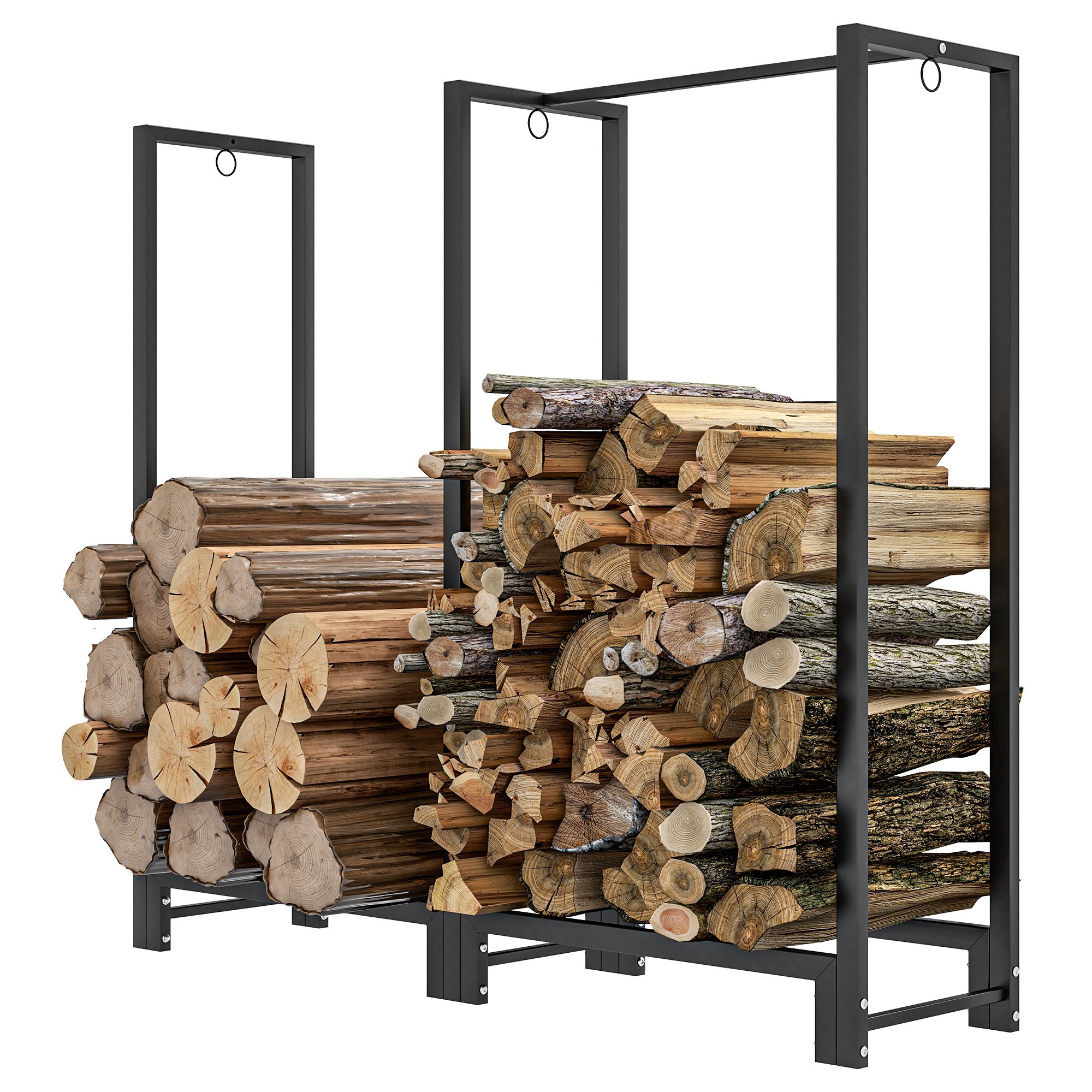 Outdoor 2-Section Log Holder, Fireplace Log Holder with 6 Legs and 3 Rings, 123x32x115 cm, Black