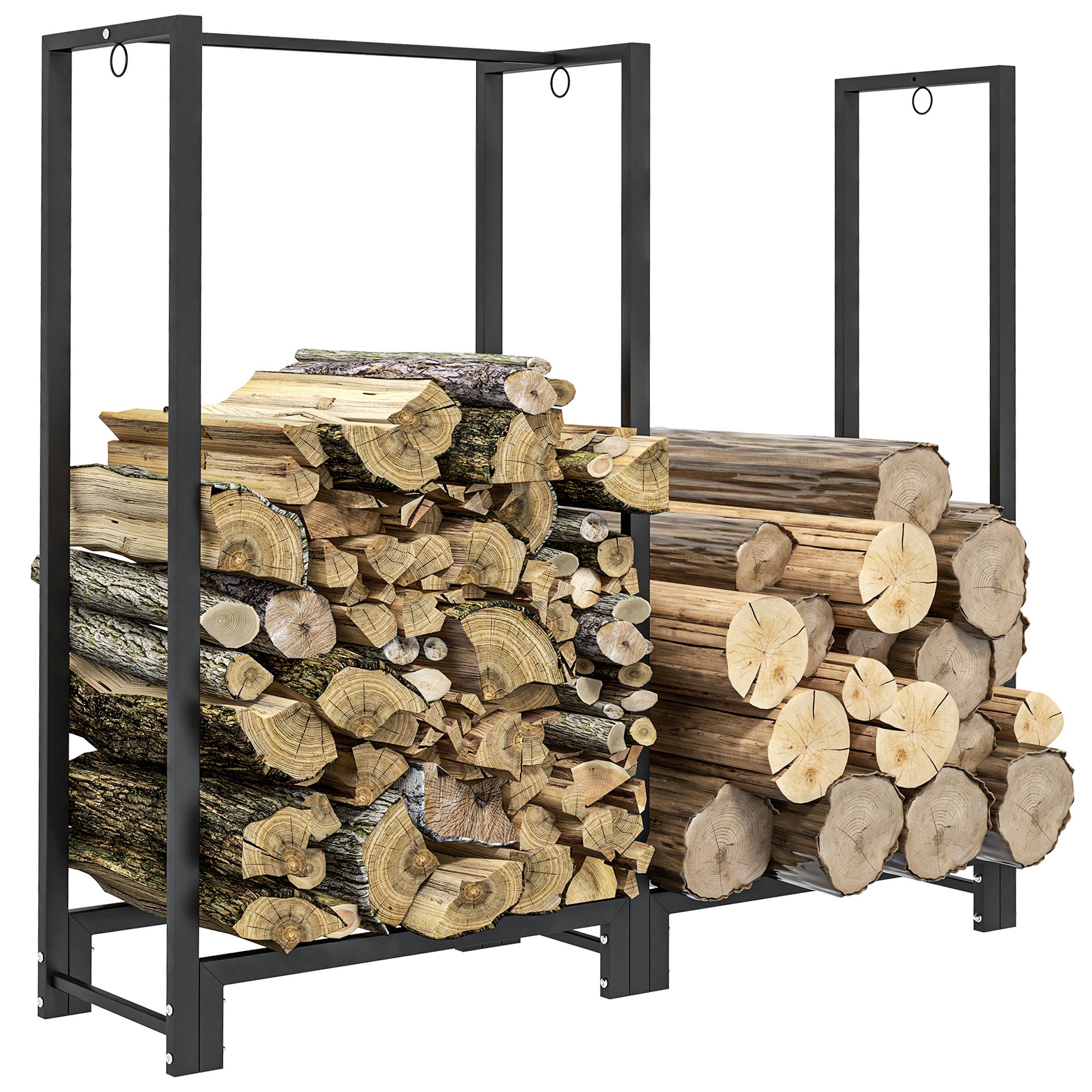 Outdoor 2-Section Log Holder, Fireplace Log Holder with 6 Legs and 3 Rings, 123x32x115 cm, Black
