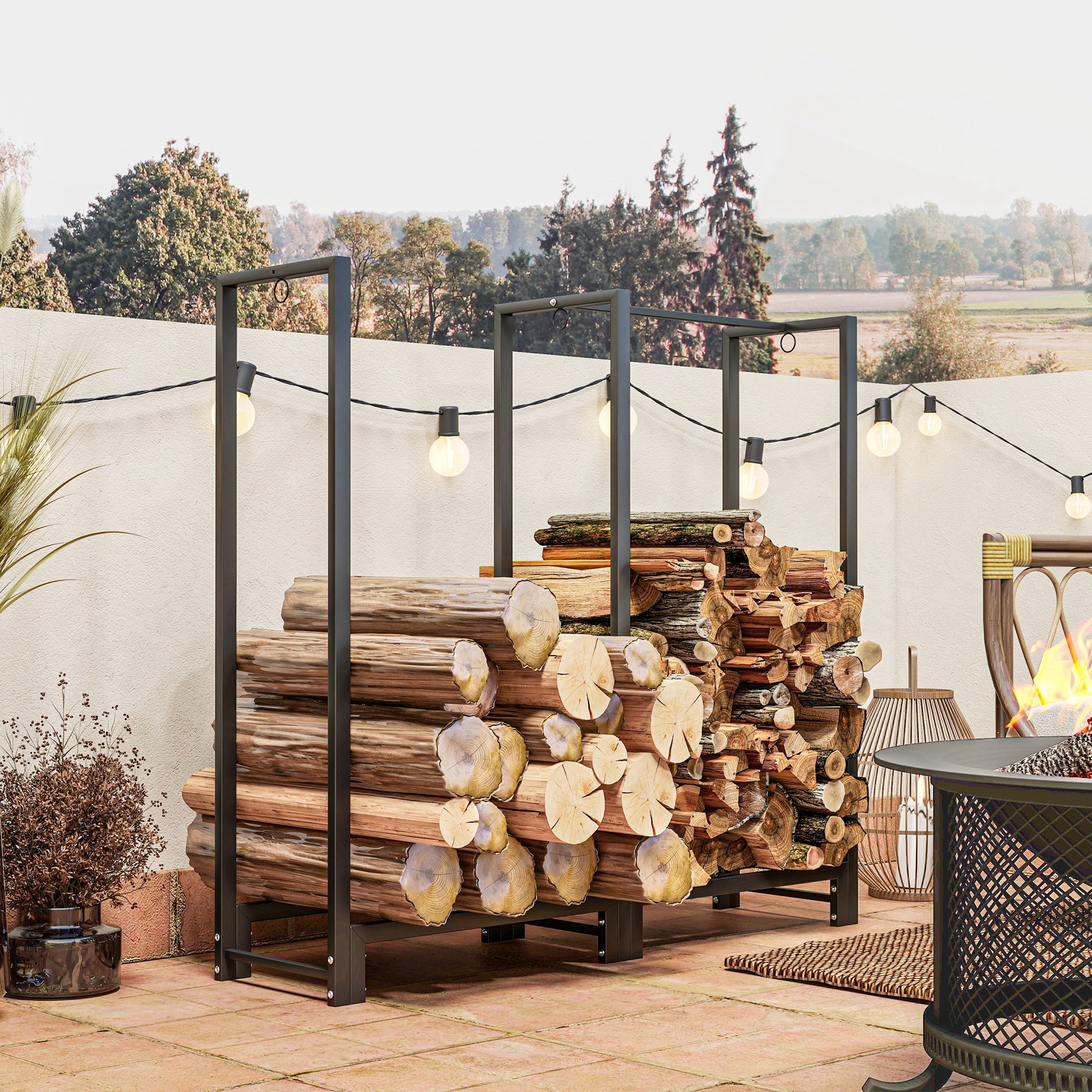 Outdoor 2-Section Log Holder, Fireplace Log Holder with 6 Legs and 3 Rings, 123x32x115 cm, Black