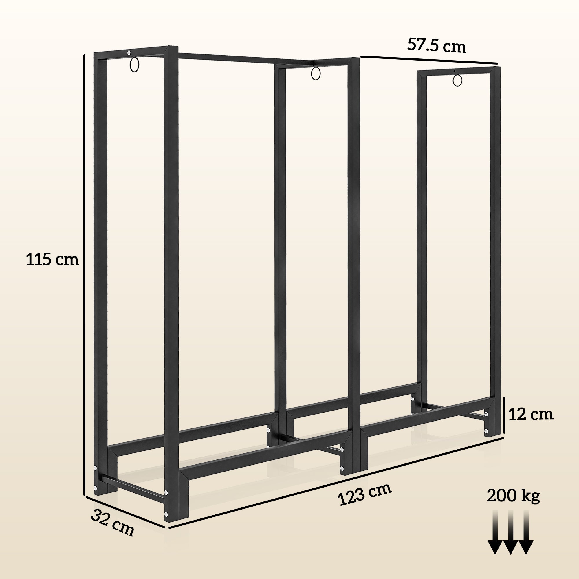 Outdoor 2-Section Log Holder, Fireplace Log Holder with 6 Legs and 3 Rings, 123x32x115 cm, Black