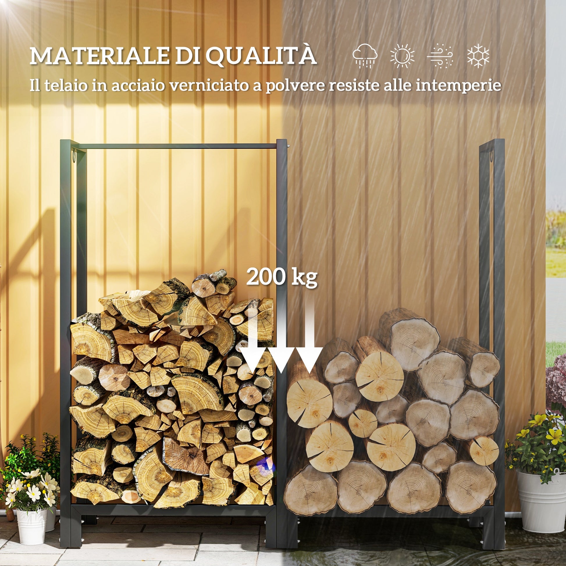 Outdoor 2-Section Log Holder, Fireplace Log Holder with 6 Legs and 3 Rings, 123x32x115 cm, Black