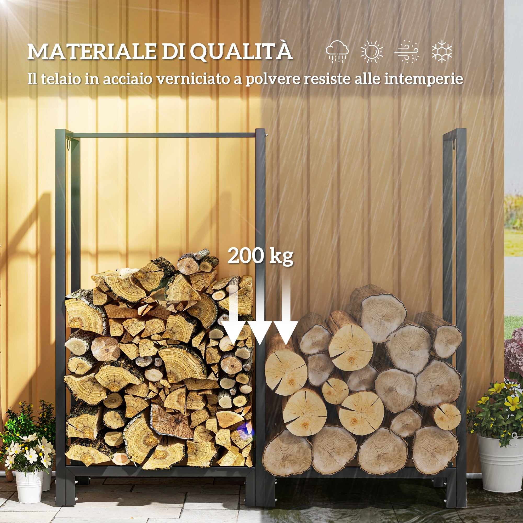 Outdoor 2-Section Log Holder, Fireplace Log Holder with 6 Legs and 3 Rings, 123x32x115 cm, Black