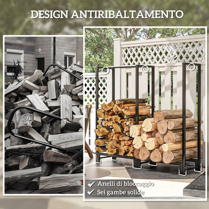 Outdoor 2-Section Log Holder, Fireplace Log Holder with 6 Legs and 3 Rings, 123x32x115 cm, Black