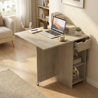Foldable Dining Table with Drawer and 2 Shelves, Seats 2–4, Modern Space-Saving Kitchen/Dining Table, Natural Wood, 114.5 x 70 x 75 cm (45.1 x 27.6 x 29.5 in)