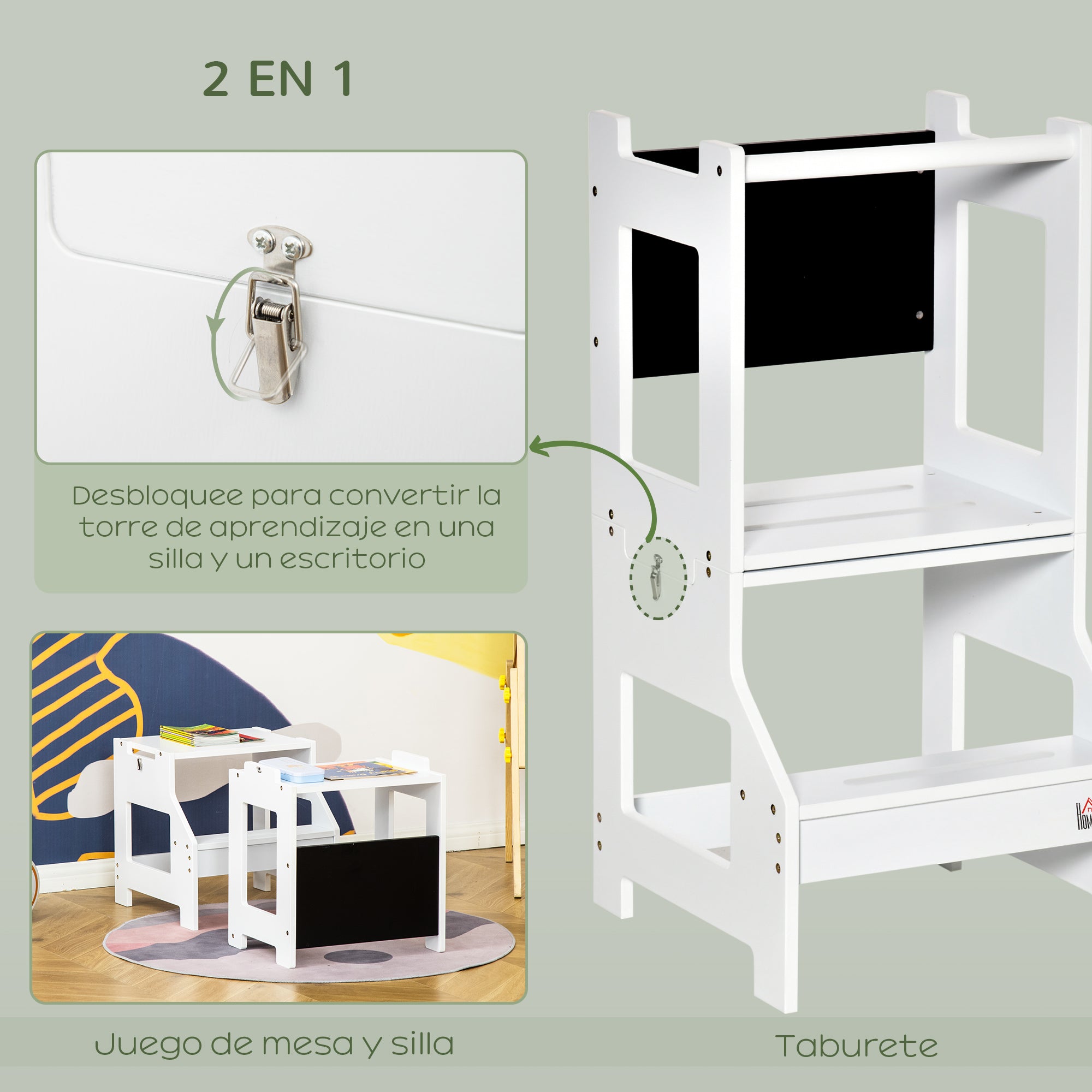 2-in-1 Learning Tower Children's Step Stool for 3+ Years Convertible into Desk with Chalkboard and Safety Rail 42x44x86 cm White