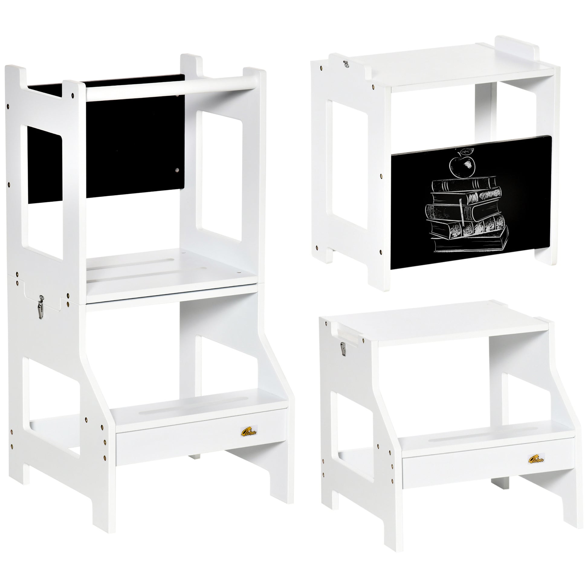 2-in-1 Learning Tower Children's Step Stool for 3+ Years Convertible into Desk with Chalkboard and Safety Rail 42x44x86 cm White