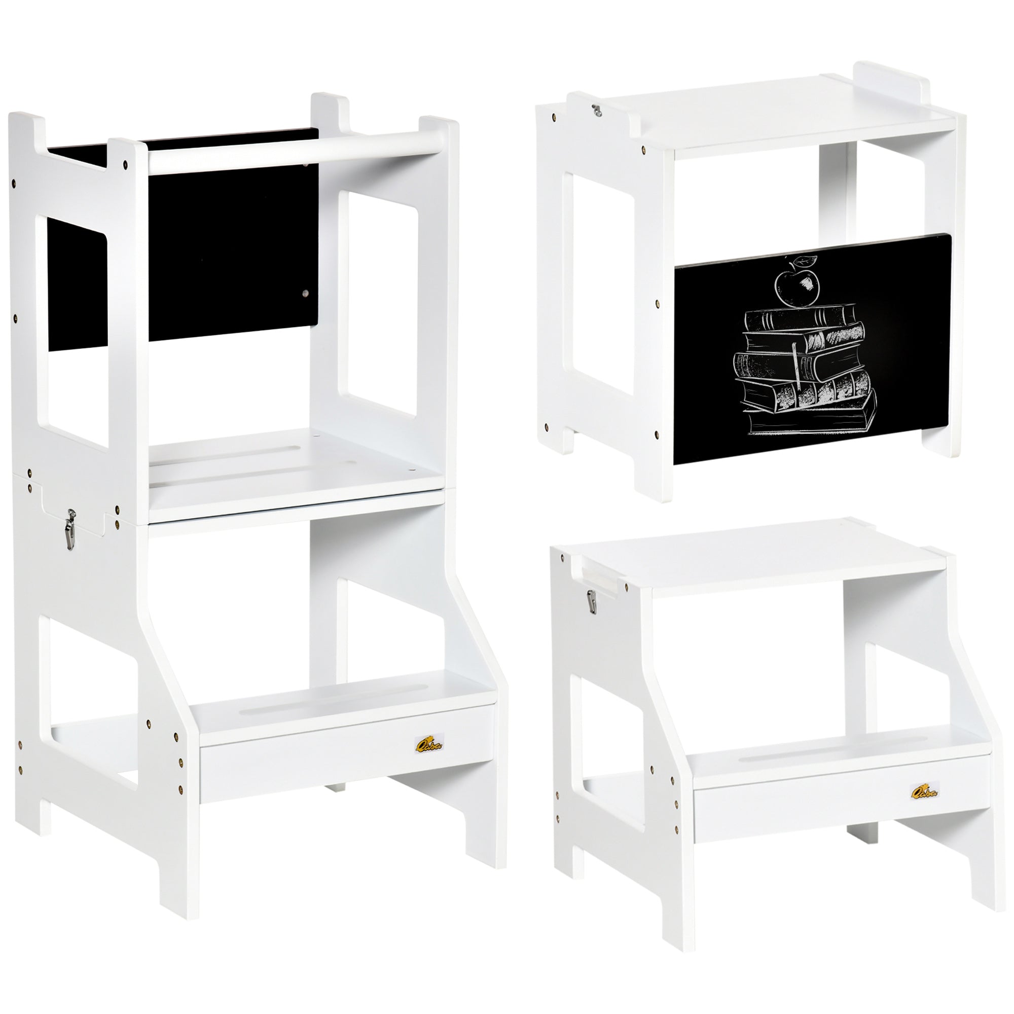 2-in-1 Learning Tower Children's Step Stool for 3+ Years Convertible into Desk with Chalkboard and Safety Rail 42x44x86 cm White