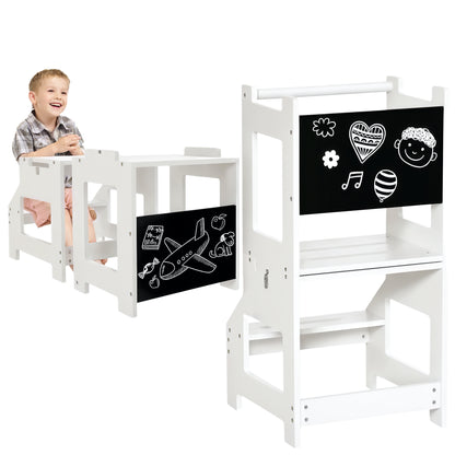 2-in-1 Learning Tower Children's Step Stool for 3+ Years Convertible into Desk with Chalkboard and Safety Rail 42x44x86 cm White