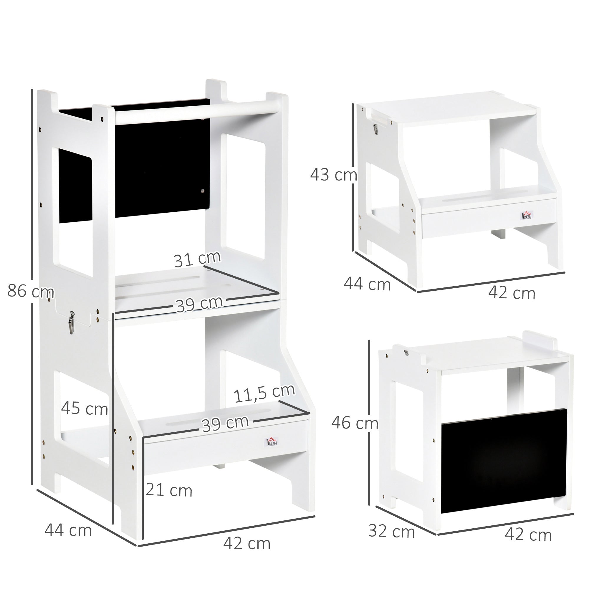2-in-1 Learning Tower Children's Step Stool for 3+ Years Convertible into Desk with Chalkboard and Safety Rail 42x44x86 cm White