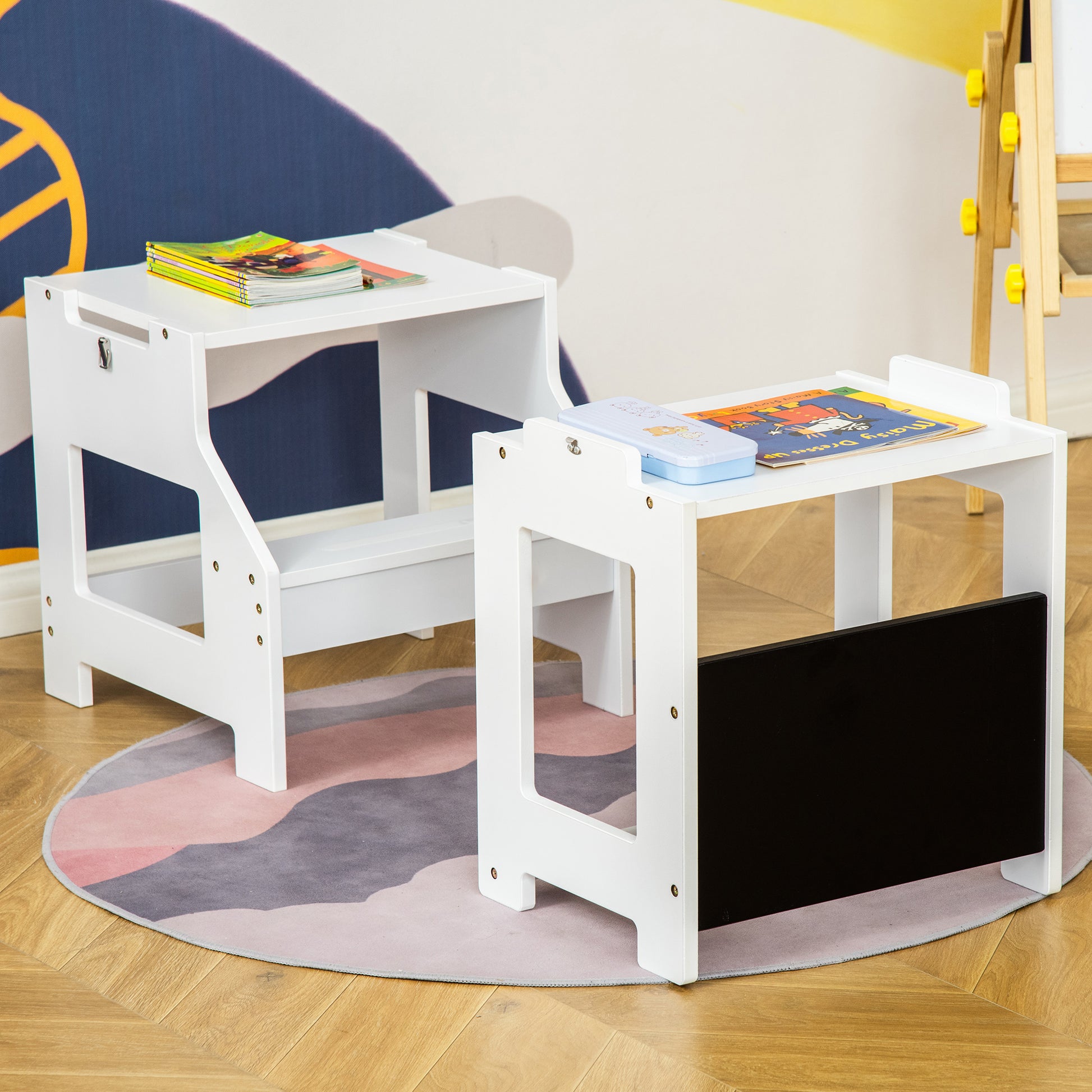 2-in-1 Learning Tower Children's Step Stool for 3+ Years Convertible into Desk with Chalkboard and Safety Rail 42x44x86 cm White